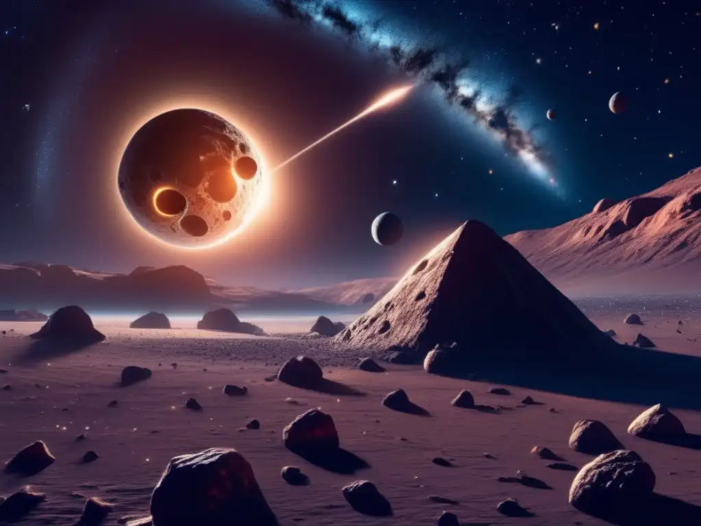 Exploración de asteroides: Oportunidades y peligros en el vasto espacio estelar con asteroides, estrellas y detalles impresionantes