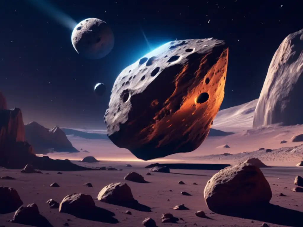 Exploración de asteroides peligrosos: nave espacial moderna junto a asteroide gigante en el espacio
