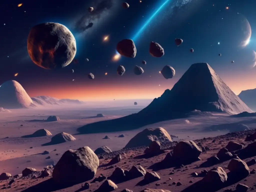 Exploración de asteroides prometedoras en un impresionante paisaje espacial con diversos tamaños, texturas y colores