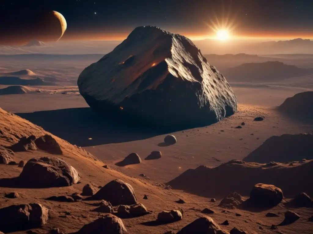 Exploración de asteroides y propósito cósmico: Imagen impactante de un asteroide orbitando una estrella distante, revelando su terreno rocoso y cráteres en un paisaje impresionante