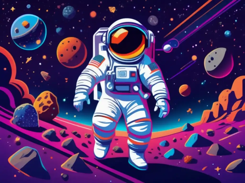 Exploración de asteroides y propósito cósmico: Astronauta flotando en espacio rodeado de hermosos asteroides