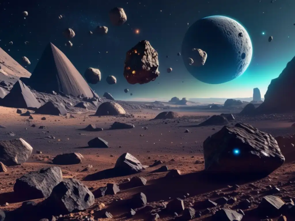 Exploración de asteroides como recurso en el espacio: una imagen detallada de un vasto y oscuro espacio lleno de numerosos asteroides de diferentes tamaños, formas y colores, dispersos por el cuadro