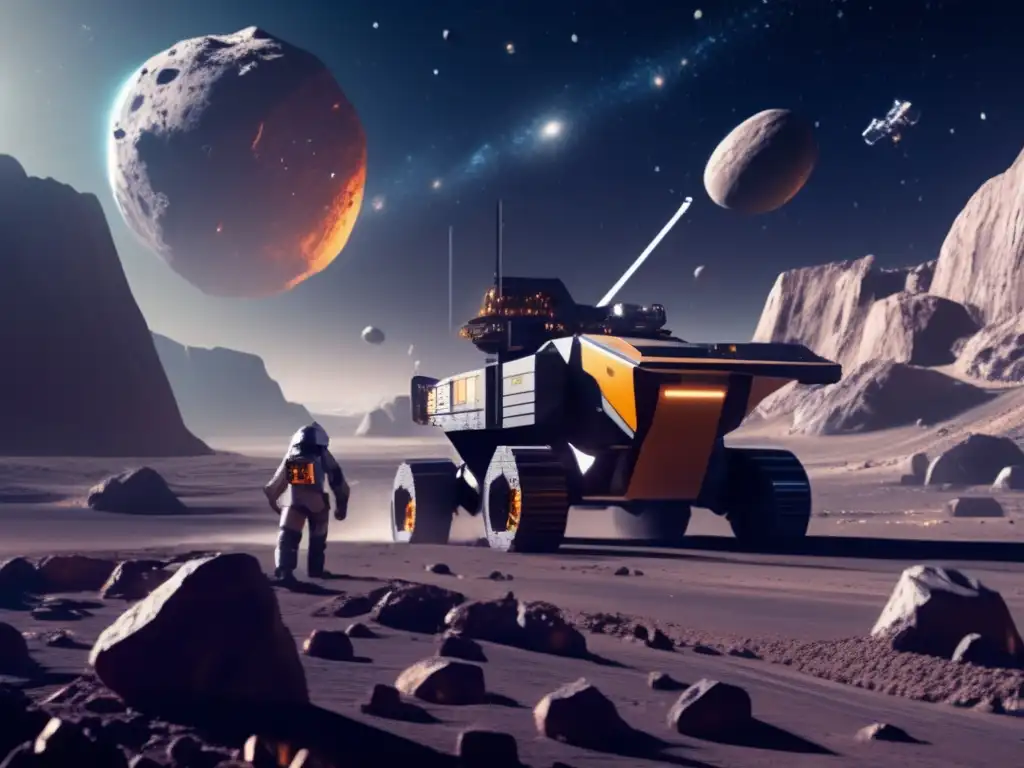 Exploración de asteroides como recurso: Operación minera futurista en un asteroide con avanzada maquinaria robótica