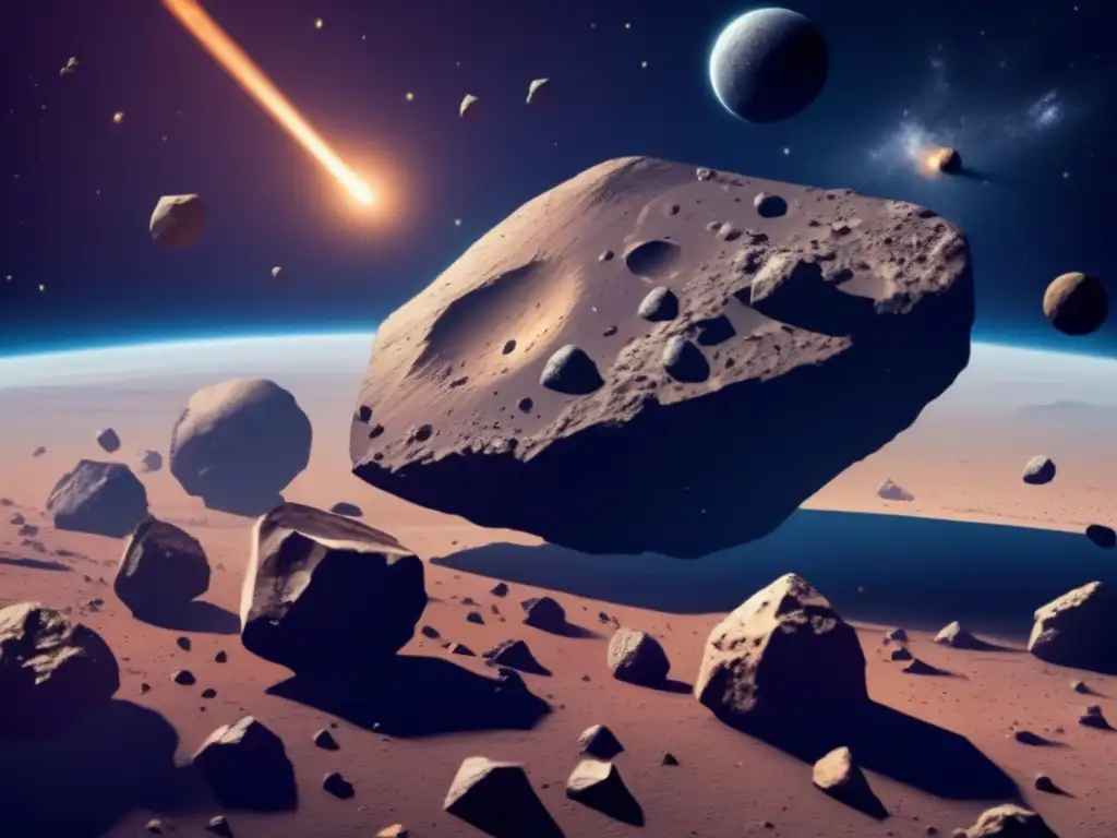 Exploración de asteroides para recursos: Asteroides en espacio mostrando diversidad y riqueza celestial