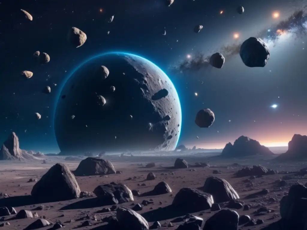 Exploración de asteroides para recursos en un campo fascinante de asteroides 8k con diversas formas, tamaños y colores