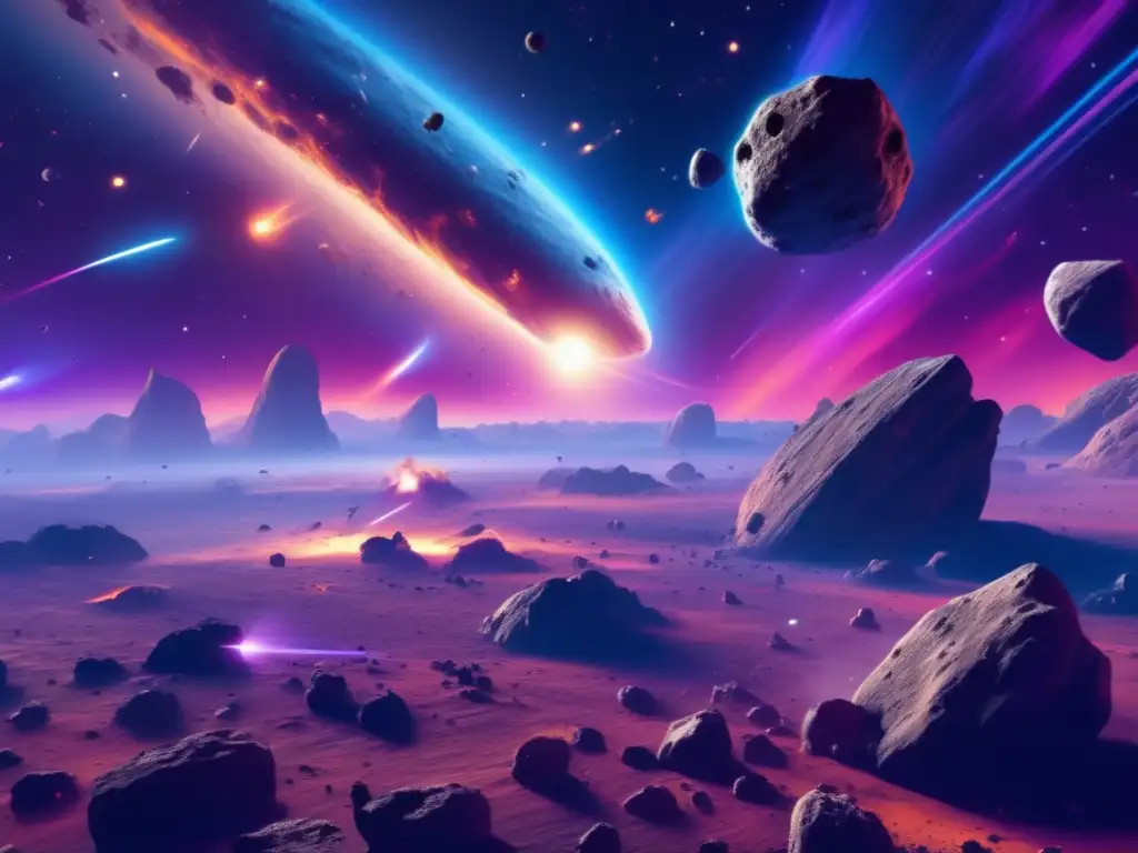 Exploración de asteroides para recursos: campo de asteroides 8k, nebulosa vibrante, naves espaciales mineras y belleza cósmica
