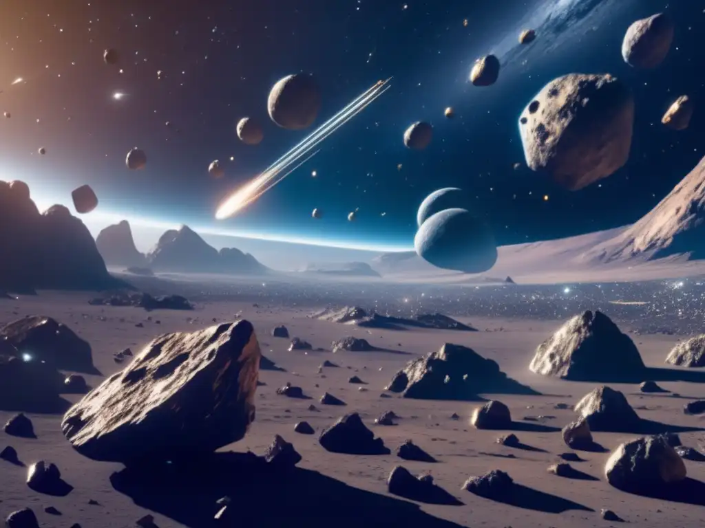 Exploración de asteroides para recursos: Campo de asteroides ultradetallado en 8k, con asteroide metálicos y nave espacial futurista