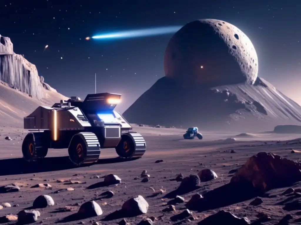 Exploración de asteroides para recursos: mina espacial futurista en 8k con maquinaria avanzada y astronautas supervisando
