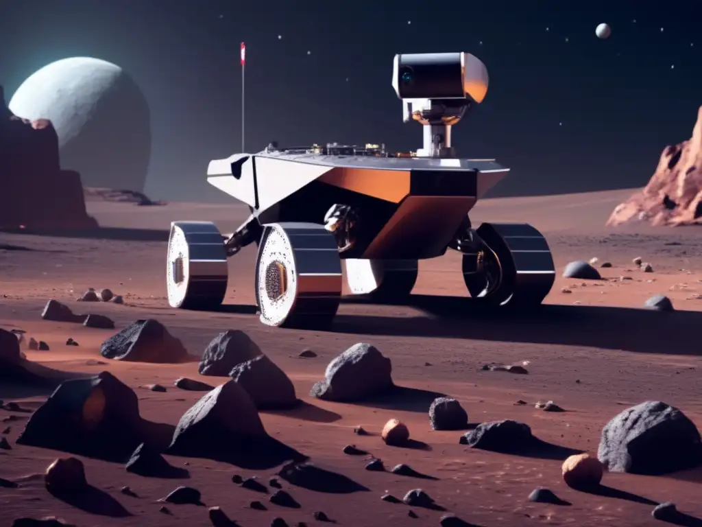 Exploración de asteroides para recursos espaciales: Rover robótico en terreno rocoso, con brazos y sensores avanzados, en el espacio estelar