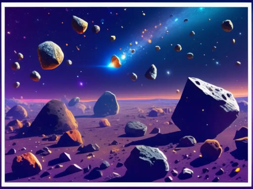 Exploración de asteroides como recursos: imagen detallada de un campo de asteroides en el espacio, con variados tamaños y composiciones