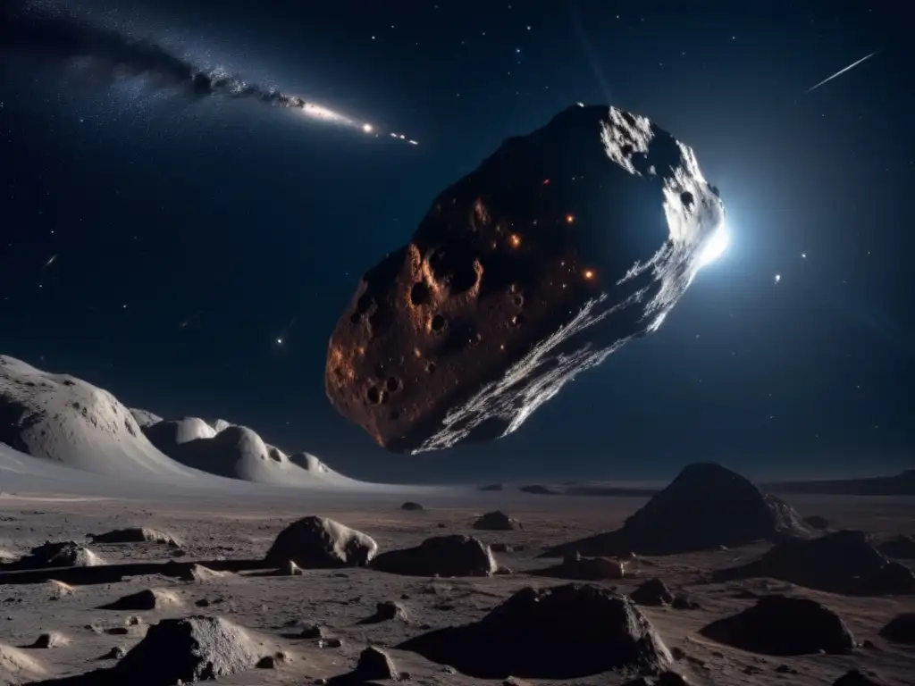 Exploración de asteroides como recursos: Imagen impresionante que captura la esencia de la exploración de asteroides, mostrando un asteroide masivo y de forma irregular en primer plano, rodeado de espacio profundo