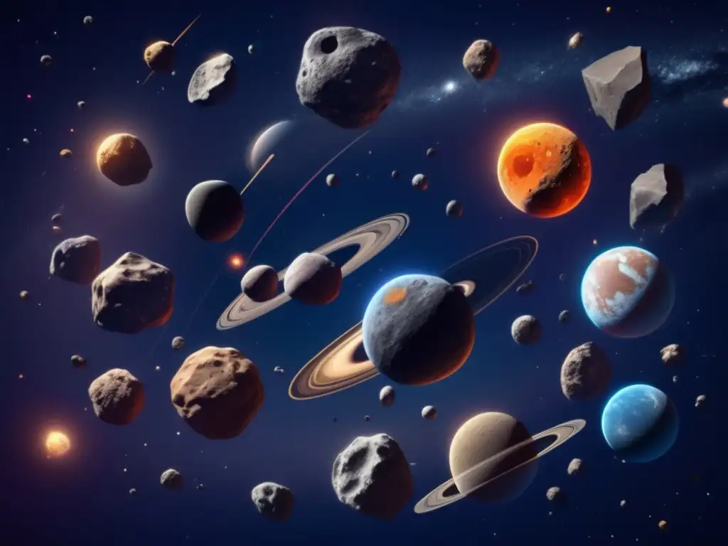 Exploración de asteroides para recursos: Imagen detallada 8k de órbitas asteroidales, con enfoque en importancia y belleza del espacio