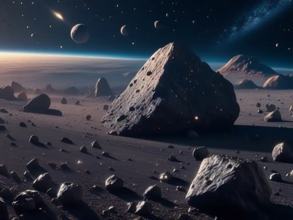 Exploración de asteroides para recursos: imagen 8k detallada de campo de asteroides con brillo estelar