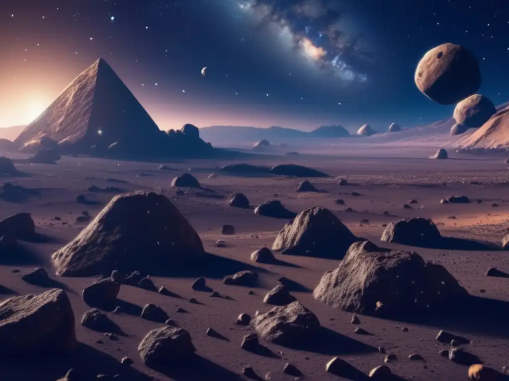 Exploración de asteroides y recursos en una impresionante imagen 8K con campo de asteroides y cielo estrellado