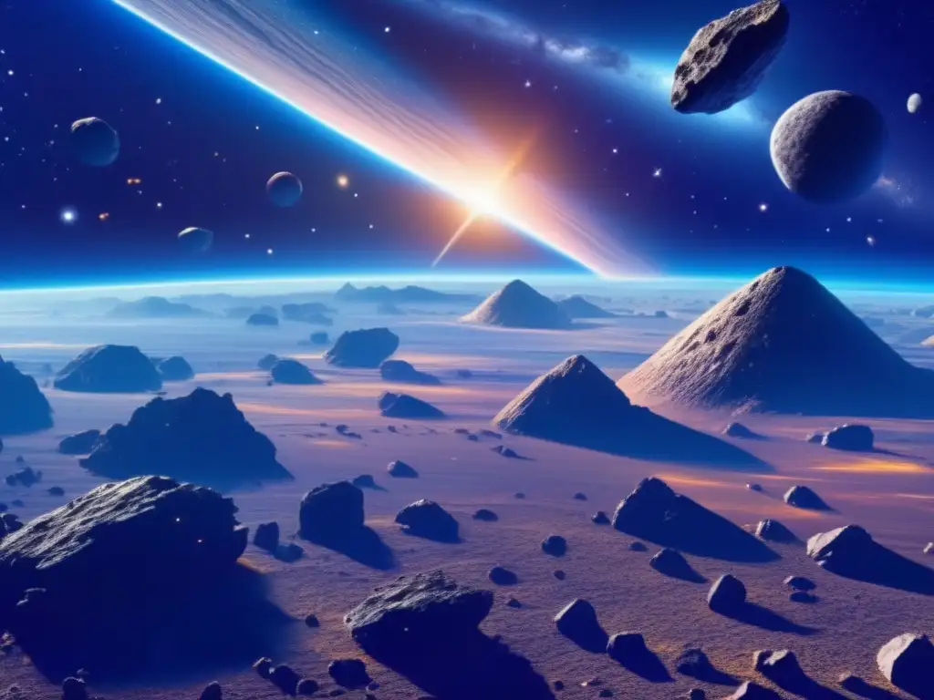 Exploración de asteroides y recursos en un increíble campo de asteroides en el espacio