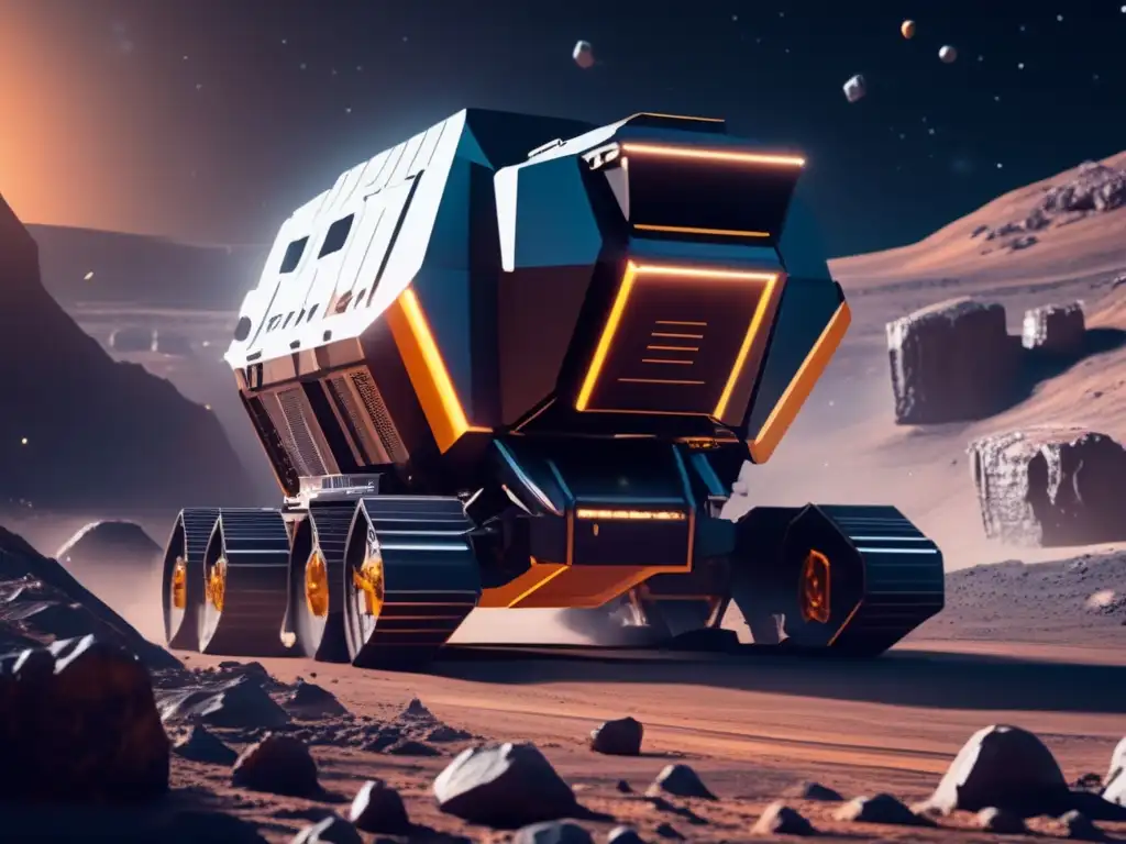Exploración de asteroides como recursos en operación minera futurista en 8k