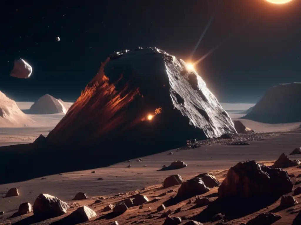 Exploración de asteroides como recursos: Nave espacial en asteroide con tecnología avanzada y paisaje caótico