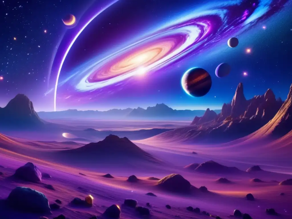 Exploración de asteroides para recursos: paisaje celeste 8K con galaxia vibrante, asteroides detallados y colores cautivadores