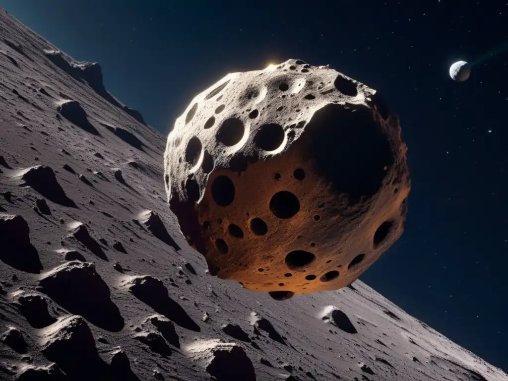Exploración de asteroides como recursos: Sonda futurista sobre asteroide, paisaje cósmico impresionante
