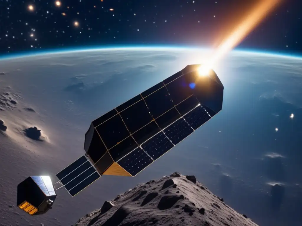 Exploración de asteroides para recursos: Stardust en misión hacia Wild 2 en el espacio, con tecnología avanzada y un paisaje misterioso