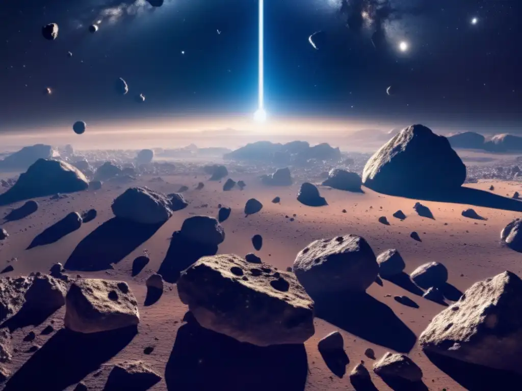 Exploración de asteroides y recursos: vista impresionante de un campo de asteroides con una nave espacial de la ONU