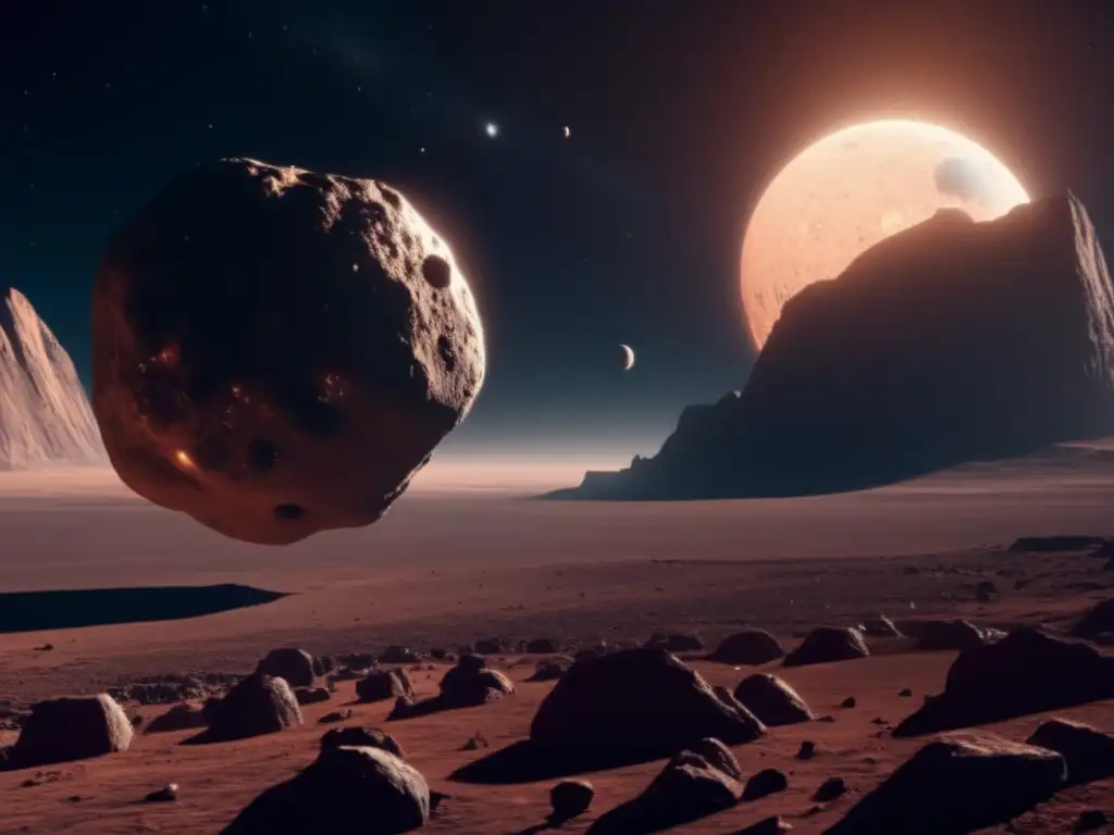 Exploración de asteroides rentable en un paisaje estelar con un asteroide y sonda espacial