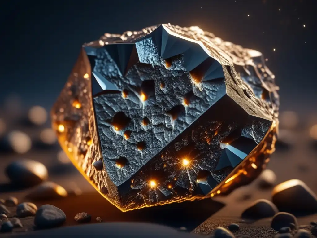 Exploración de asteroides: Secretos cósmicos revelados - Meteorito 8K iluminado en fondo oscuro, mostrando su composición y estructura intricada