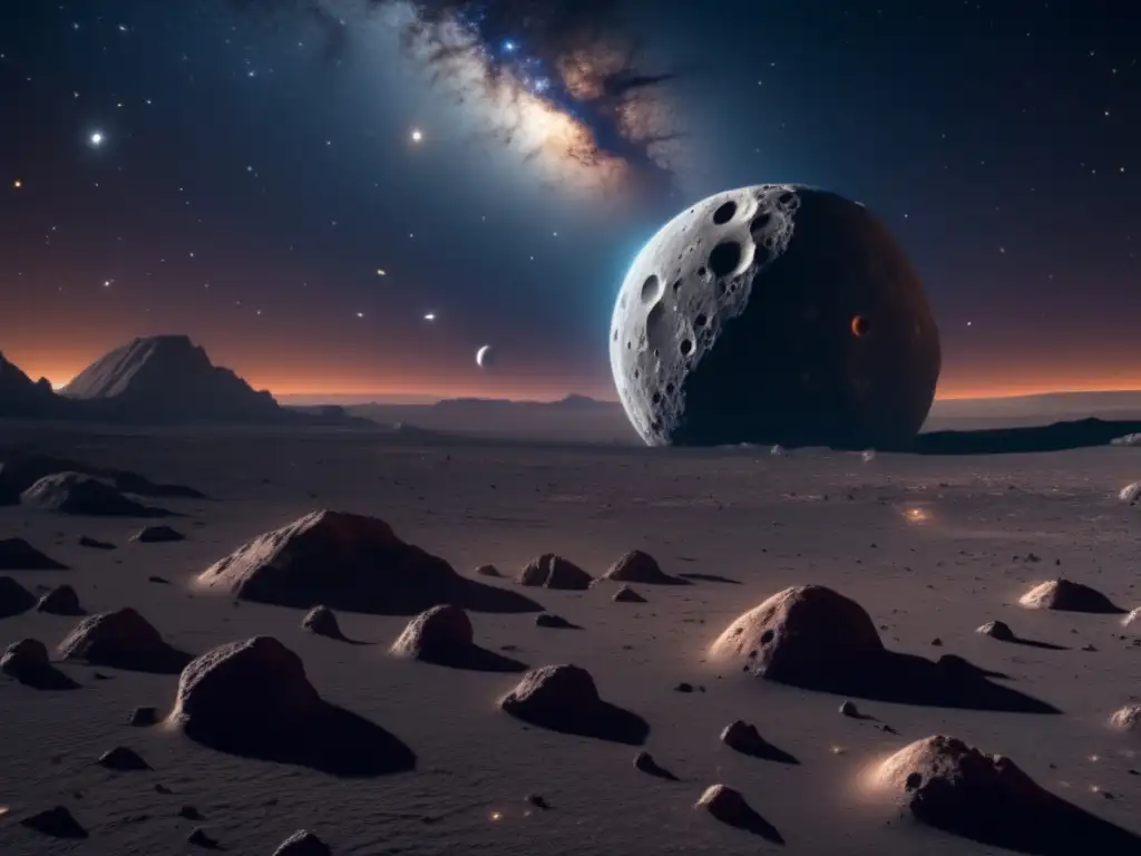 Exploración de asteroides revela secretos en imagen 8k de espacio oscuro con estrellas y un asteroide rugoso e irregular