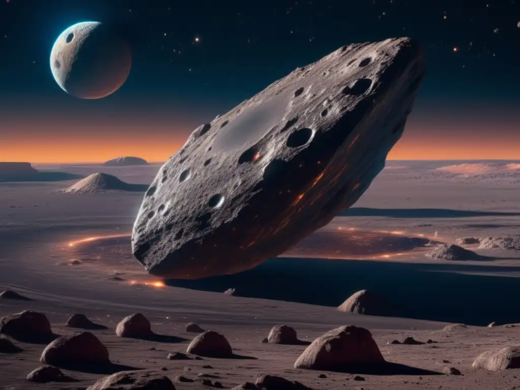 Exploración de asteroides: secretos revelados - Tempel 1, asteroide misterioso y majestuoso, bañado en luz estelar, con cráteres y nave espacial