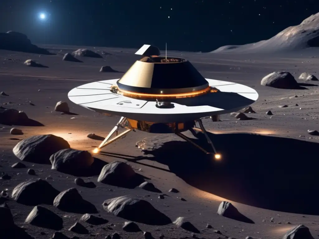Exploración de asteroides: sonda futurista en asteroide con tecnología avanzada