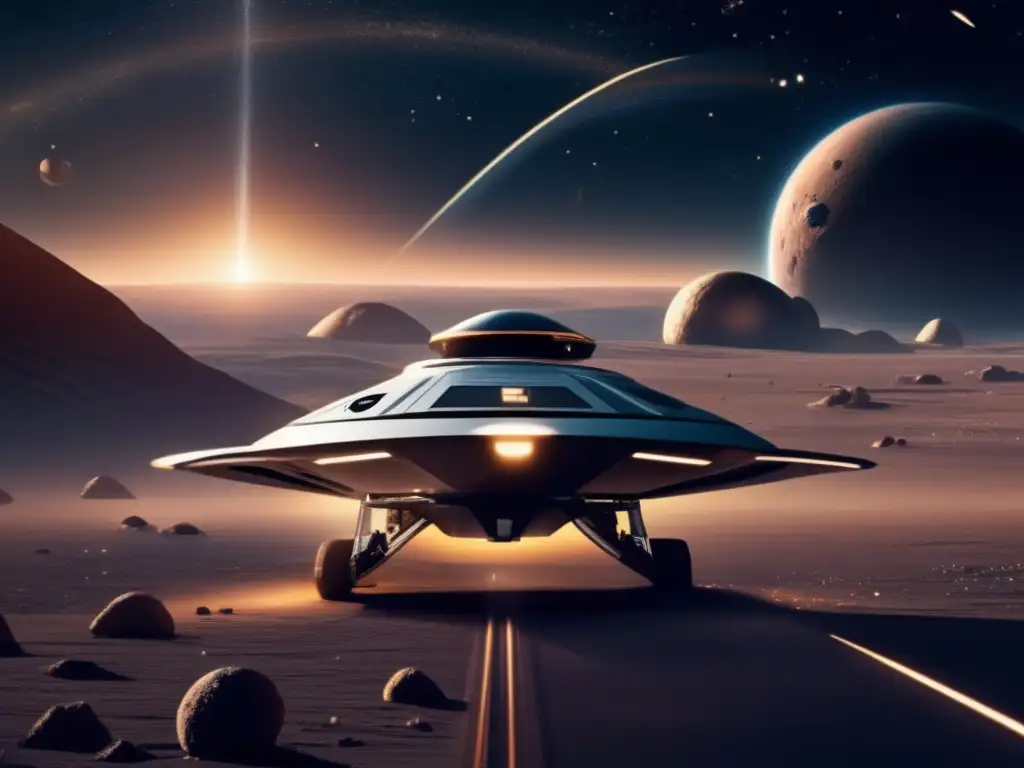 Exploración de asteroides: Sonda y misión en un vasto espacio estelar con una nave futurista