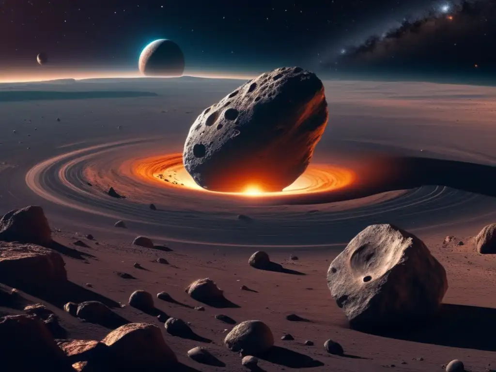 Exploración de asteroides desde la Tierra: Imagen 8k detallada de un asteroide desolado en el espacio, rodeado de una galaxia espiral impresionante