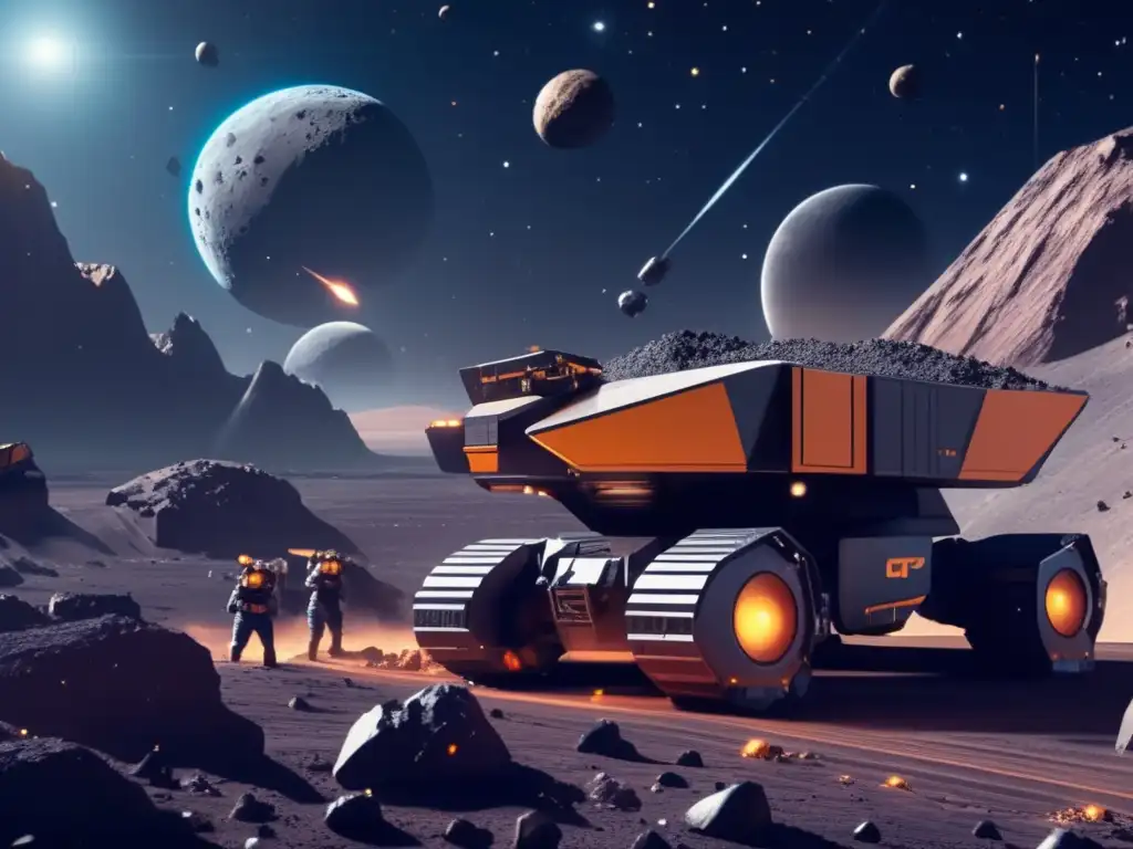 Futuro de la minería espacial Exploración de asteroides tipo C en operación minera espacial futurista con tecnología avanzada