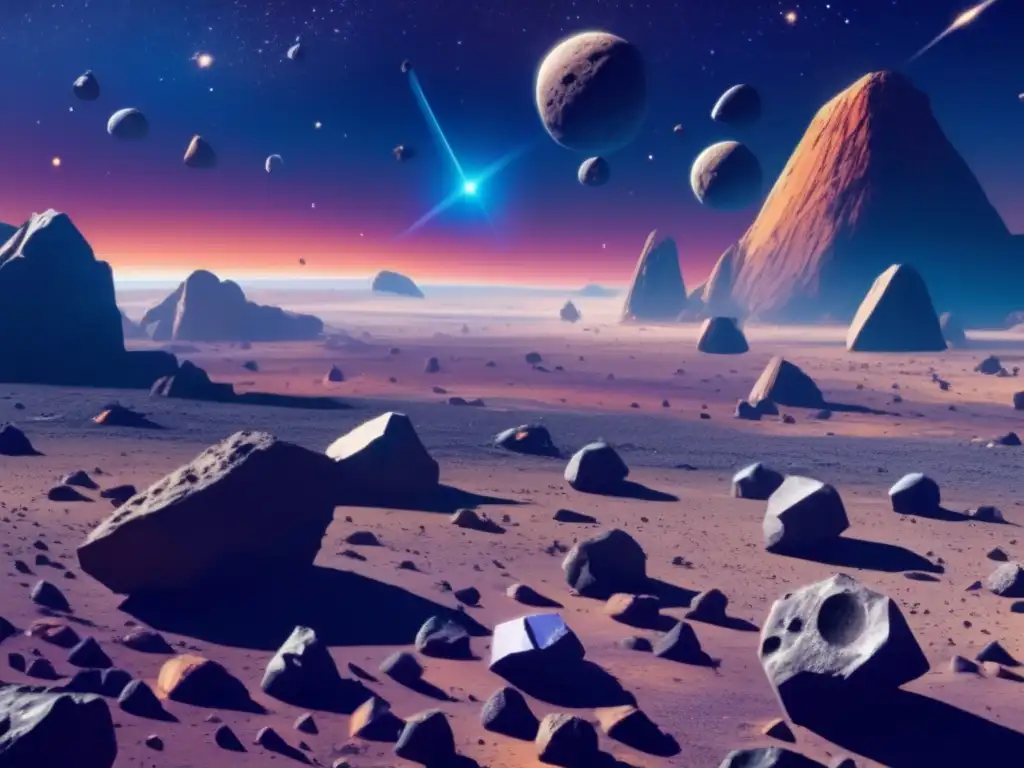 Exploración de asteroides: tratados internacionales - Nave espacial moderna maniobrando en campo de asteroides