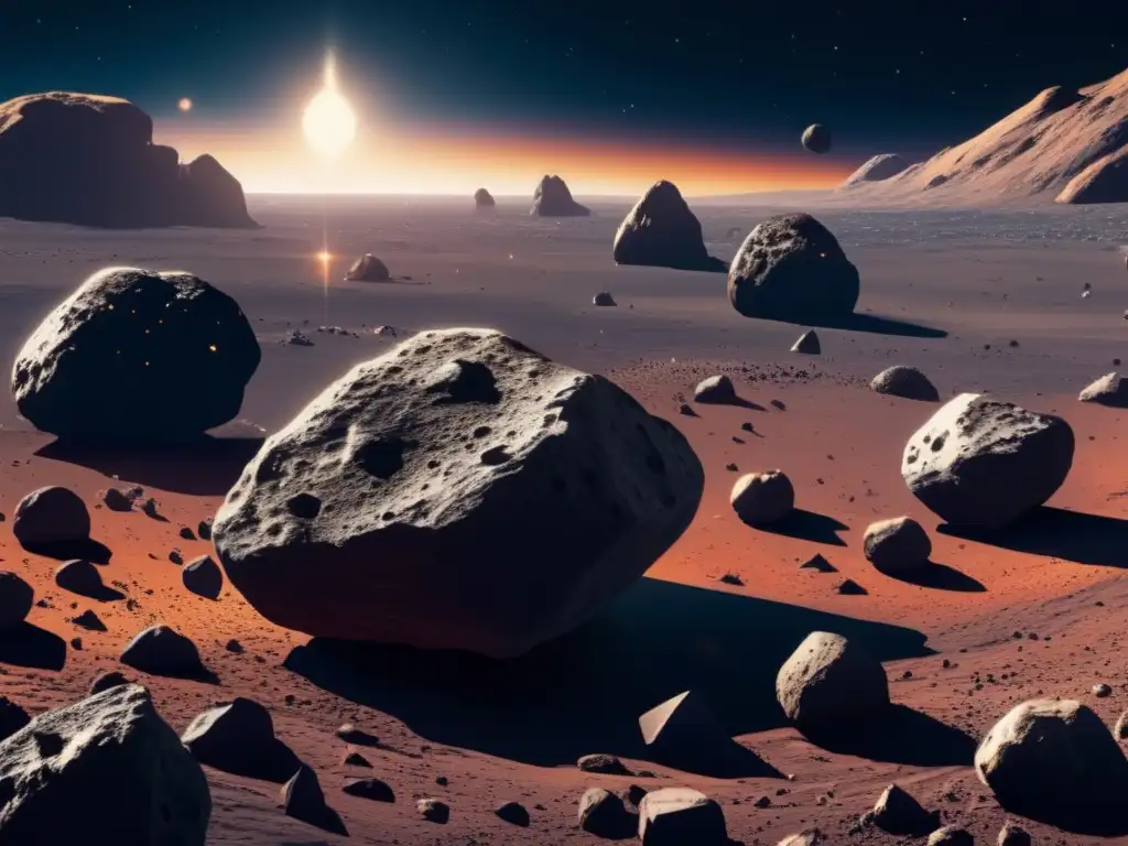 Exploración de asteroides en el universo: Imagen impactante muestra vastedad del espacio, asteroides de diversas formas, tamaños y texturas, con fondo cósmico vibrante
