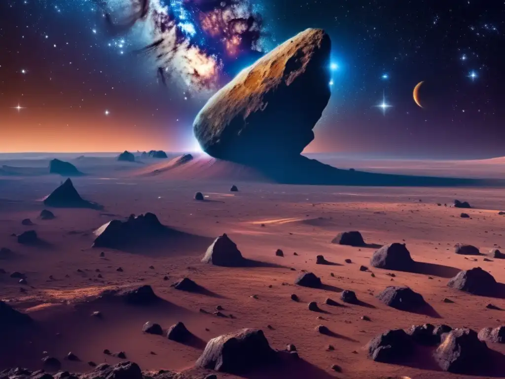 Exploración de asteroides en el universo: Imagen detallada de un asteroide gigante rodeado de avanzadas tecnologías mineras