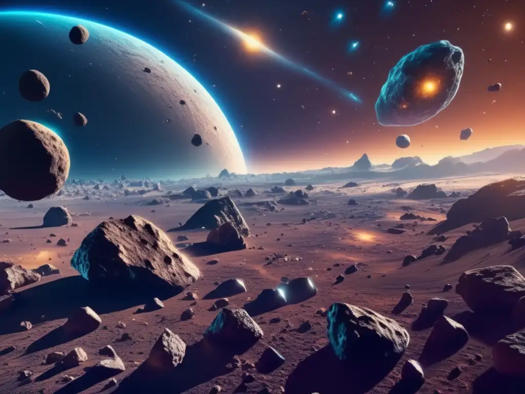 Exploración de asteroides en el universo: impactante imagen 8k ultradetallada muestra expanse espacial con asteroides flotantes y colores vibrantes