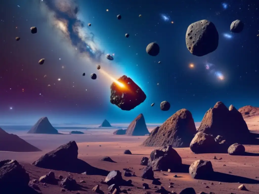 Exploración de asteroides: vasto espacio con asteroides de formas y tamaños únicos, revelando colores vibrantes y detalles impactantes