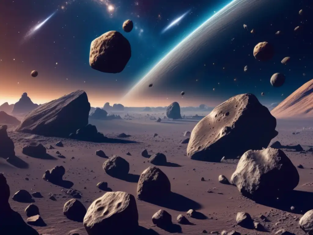 Exploración de asteroides: vasto espacio con asteroides, nave espacial minera y estrellas distantes