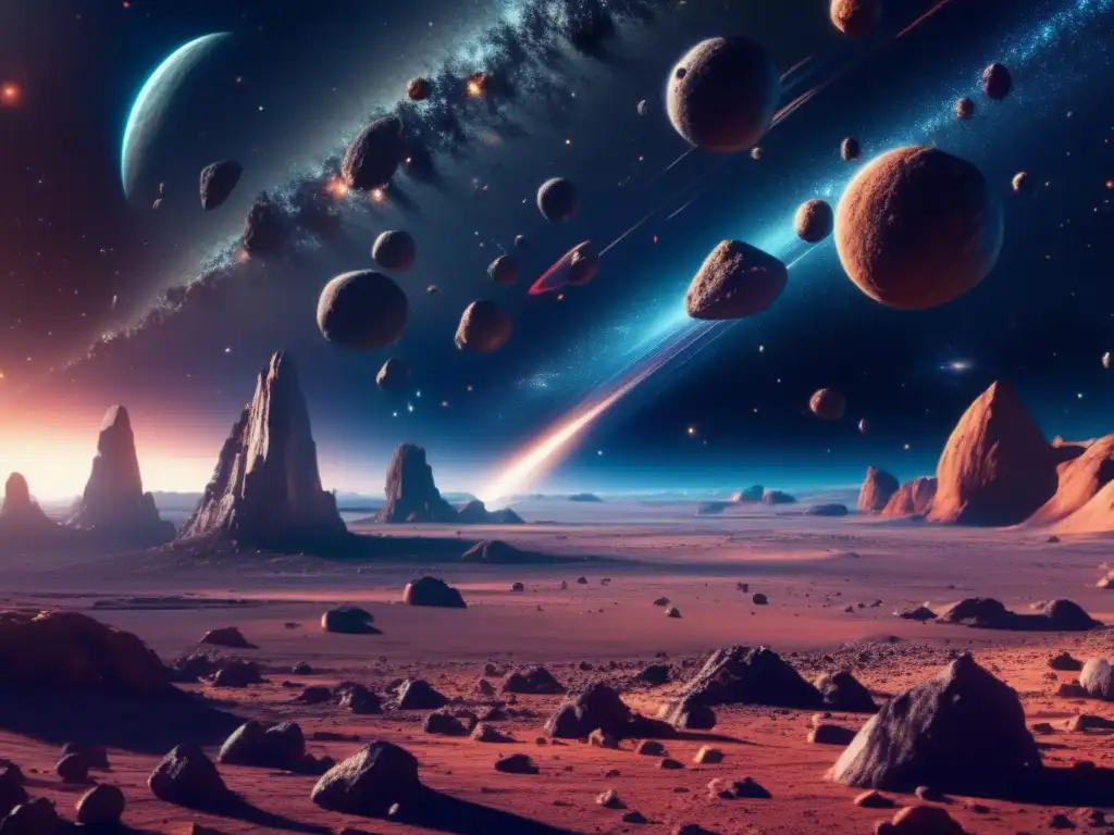 Exploración de asteroides: vasto paisaje celeste con asteroides brillantes y nave espacial futurista