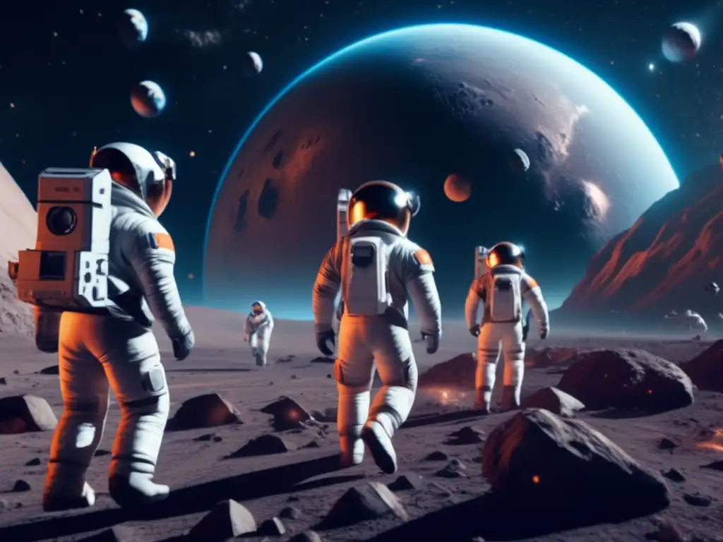 Exploración de asteroides en videojuegos: Astronautas flotando cerca de un asteroide masivo en el espacio