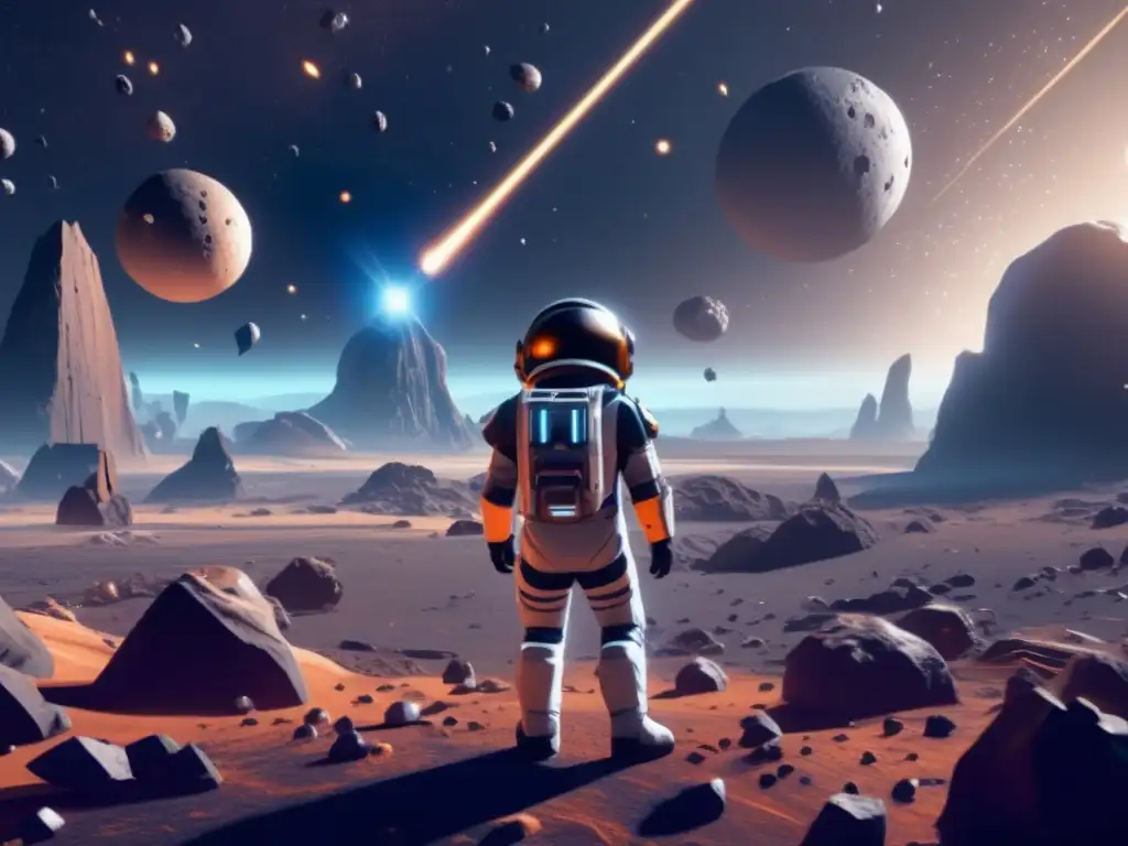 Exploración de asteroides en videojuegos: Visión futurista de un escenario cósmico con asteroide gigante y campos de distintas formas y tonos
