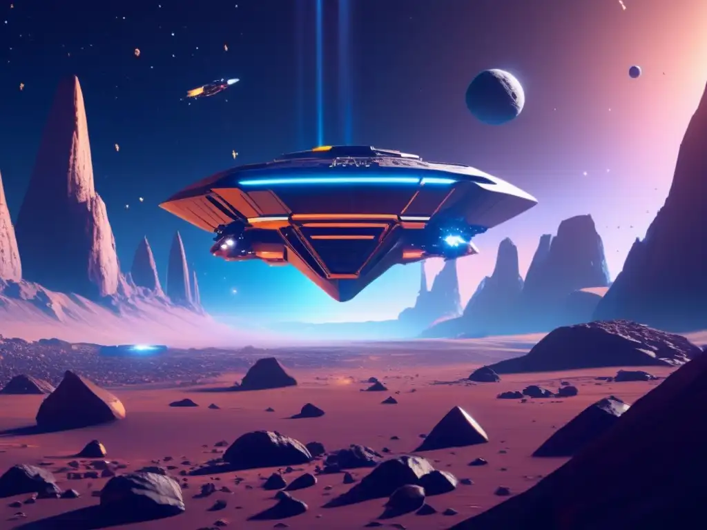 Exploración de asteroides en videojuegos: nave espacial futurista en un campo de asteroides iluminado por estrellas