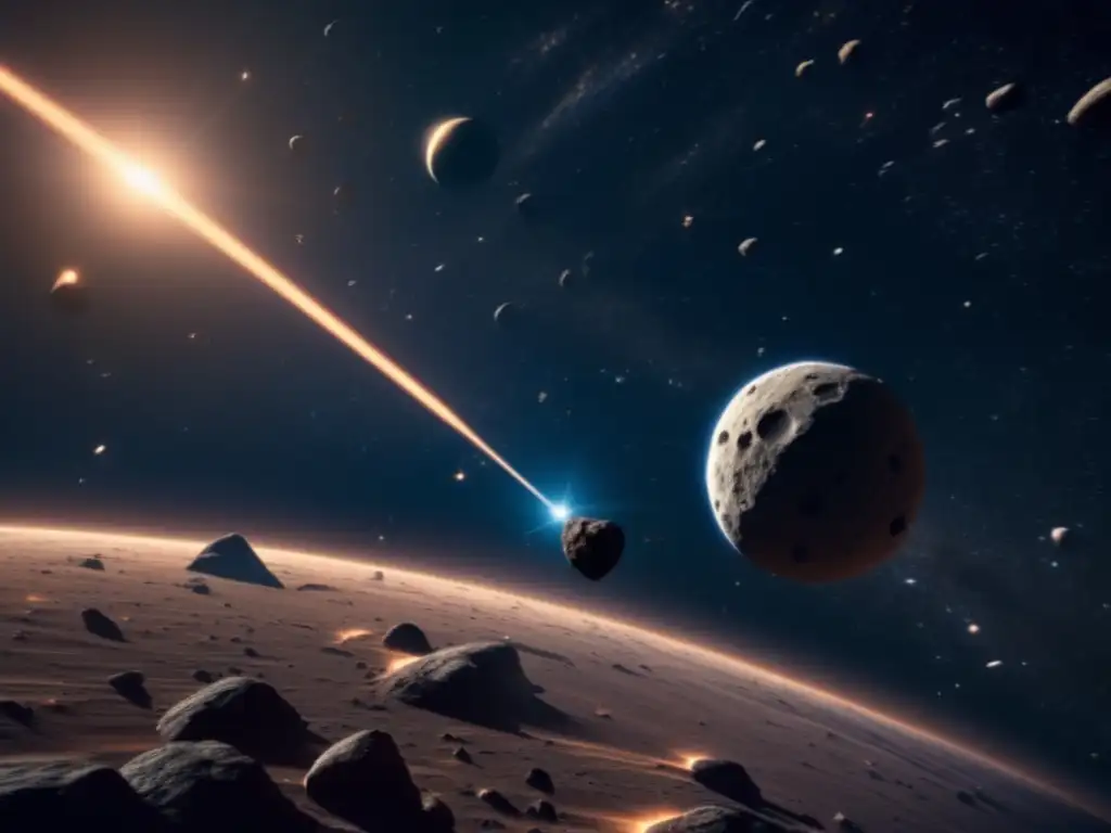 Exploración del cinturón de asteroides: Escena cinematográfica con nave espacial entre asteroides y nebulosas
