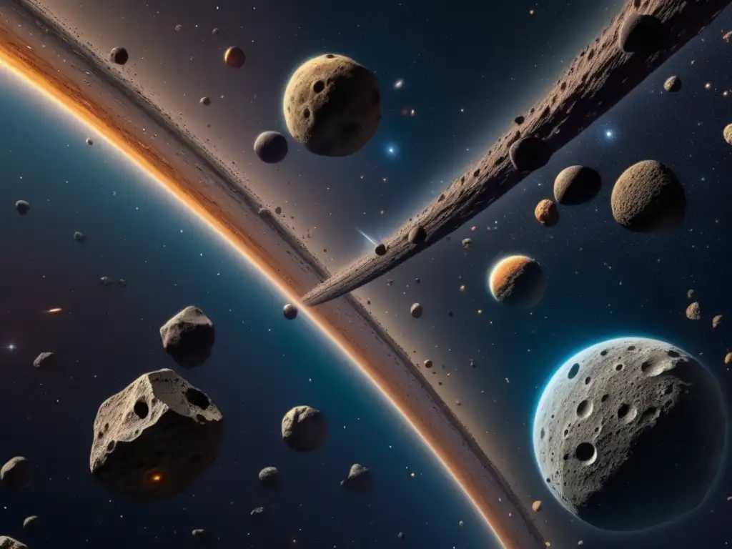 Exploración del cinturón de asteroides: Imagen 8k detallada del espacio lleno de asteroides en distintos tamaños y formas