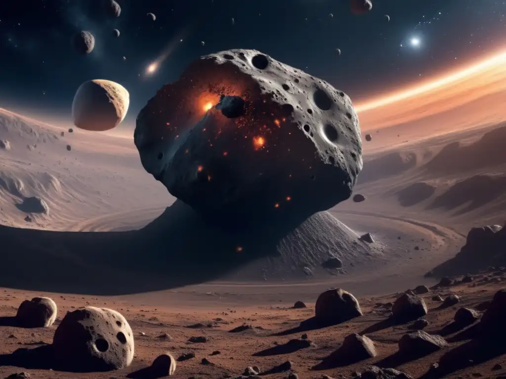 Exploración del cinturón de asteroides: Imagen impresionante del vasto espacio, con asteroides, polvo cósmico y una nave espacial