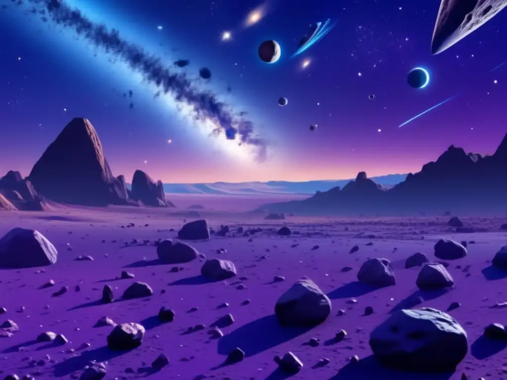 Exploración del cinturón de asteroides: imagen detallada de vasto espacio con asteroides, gradientes de colores y nave minera futurista