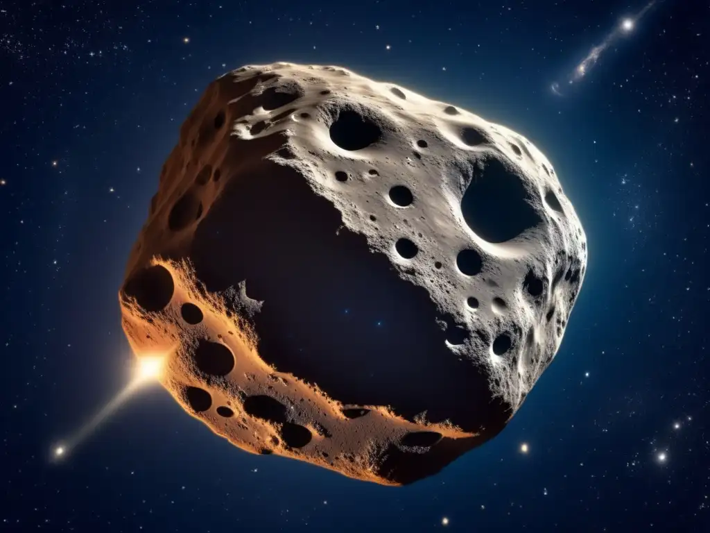 Exploración del cinturón de asteroides: Imagen impactante de un asteroide masivo en el espacio, con superficie irregular y bañado por estrellas distantes