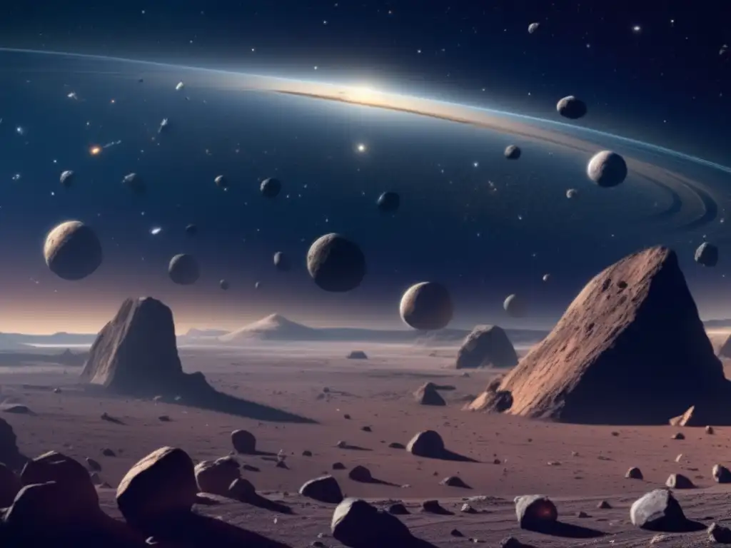 Exploración del cinturón de asteroides: Impresionante imagen detallada del espacio con asteroides de diversos tamaños y formas, y una nave futurista