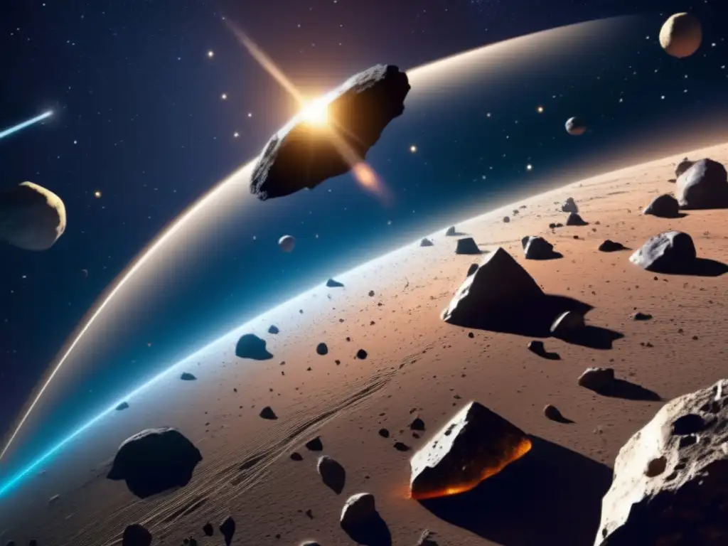 Exploración del cinturón de asteroides: nave espacial futurista entre asteroides de diversos colores y texturas, capturando la energía del sol